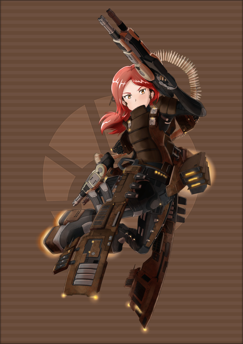 1girl, absurdres, alexandra_magritte, armor, black_footwear, black_gloves, brown_background, brown_eyes
