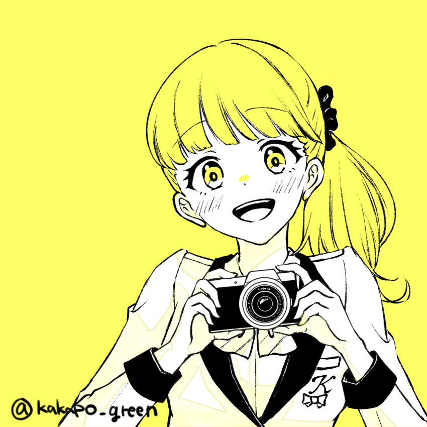 1girl, artist_name, camera, highres, holding, holding_camera, kakapo_green, long_hair, long_sleeves, looking_at_viewer, monochrome, solo, tada-kun_wa_koi_wo_shinai, teresa_wagner, twitter_username, uniform, upper_body, yellow_theme