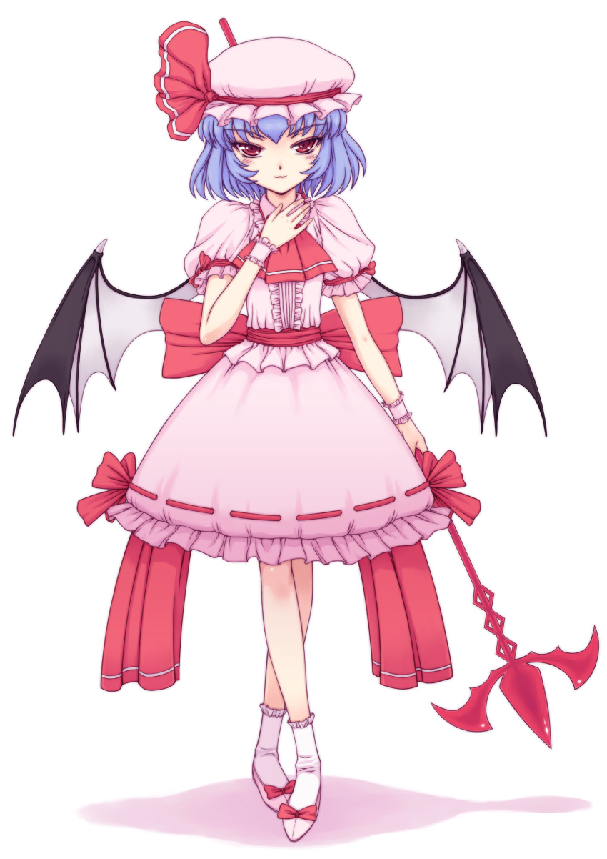 bat_wings, blue_hair, bow, crossed_legs_(standing), hand_on_own_chest, hat, highres, large_bow, orebalgum, polearm, red_eyes, remilia_scarlet, short_hair, simple_background, smile, solo, spear, spear_the_gungnir, touhou, tsurime, weapon, wings, wrist_cuffs