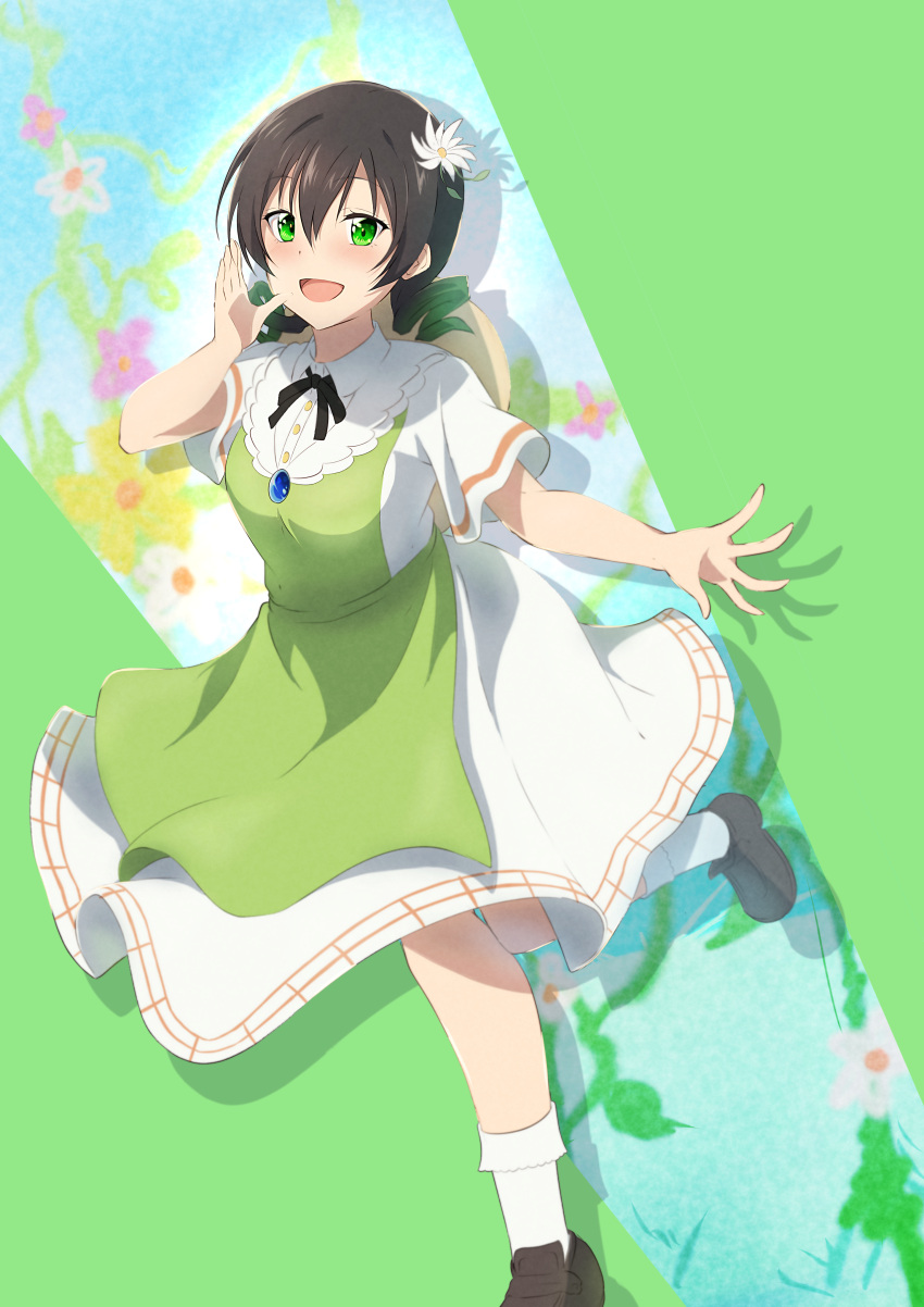 absurdres, apron, black_hair, blue_brooch, dress, drill_hair, flower, green_dress