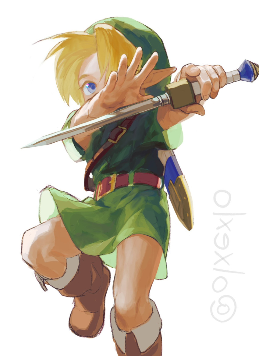 1boy, belt, blonde_hair, blue_eyes, boots, brown_footwear, child, dagger