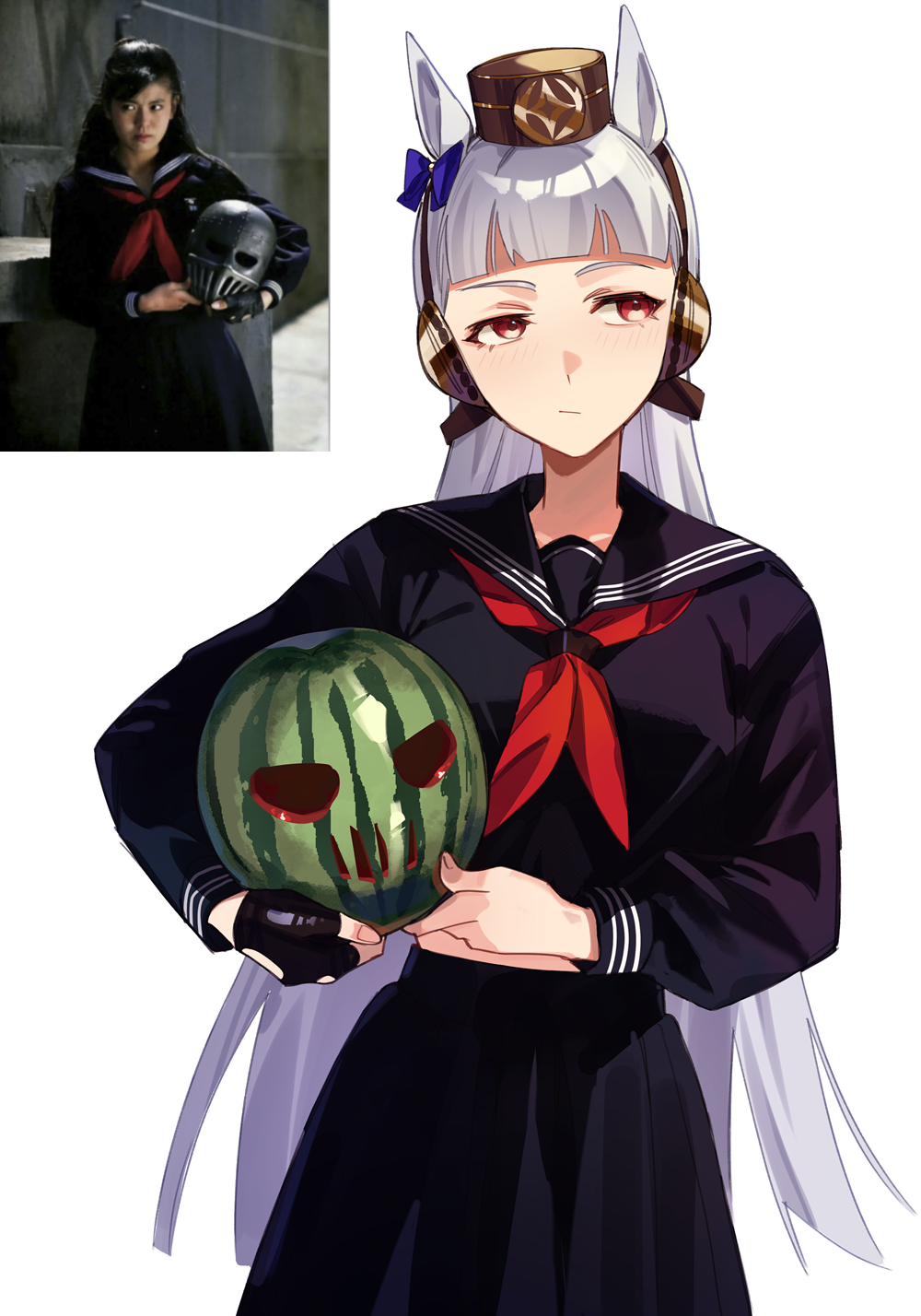 1girl, animal_ears, black_gloves, black_serafuku, black_skirt, blue_bow, blunt_bangs, bow