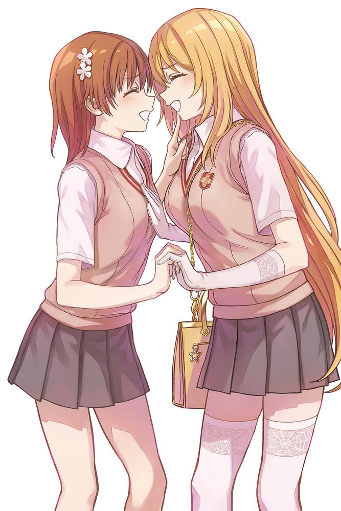bag, blonde_hair, breasts, brown_hair, brown_sweater_vest, chain_between_breasts, collared_shirt, elbow_gloves