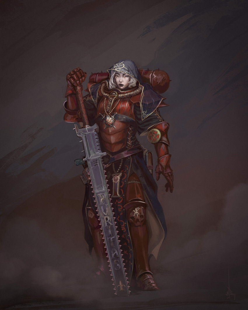 1girl, absurdres, adepta_sororitas, armor, armored_boots, armored_gloves, bead_necklace, beads
