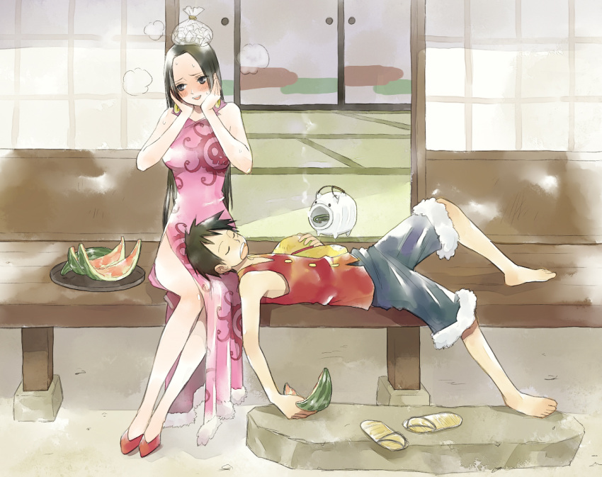 1girl, barefoot, black_hair, blush, boa_hancock, china_dress, chinese_clothes, cocotri, couple, food, fruit, hands_on_own_face, ice_pack, katori_buta, lap_pillow, monkey_d_luffy, one_piece, sandals, sleeping, tatami, veranda, watermelon