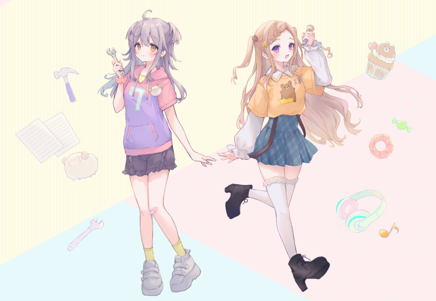 2girls, :d, avatar_2.0_project, black_footwear, black_shorts, blue_hair, blue_skirt, blush