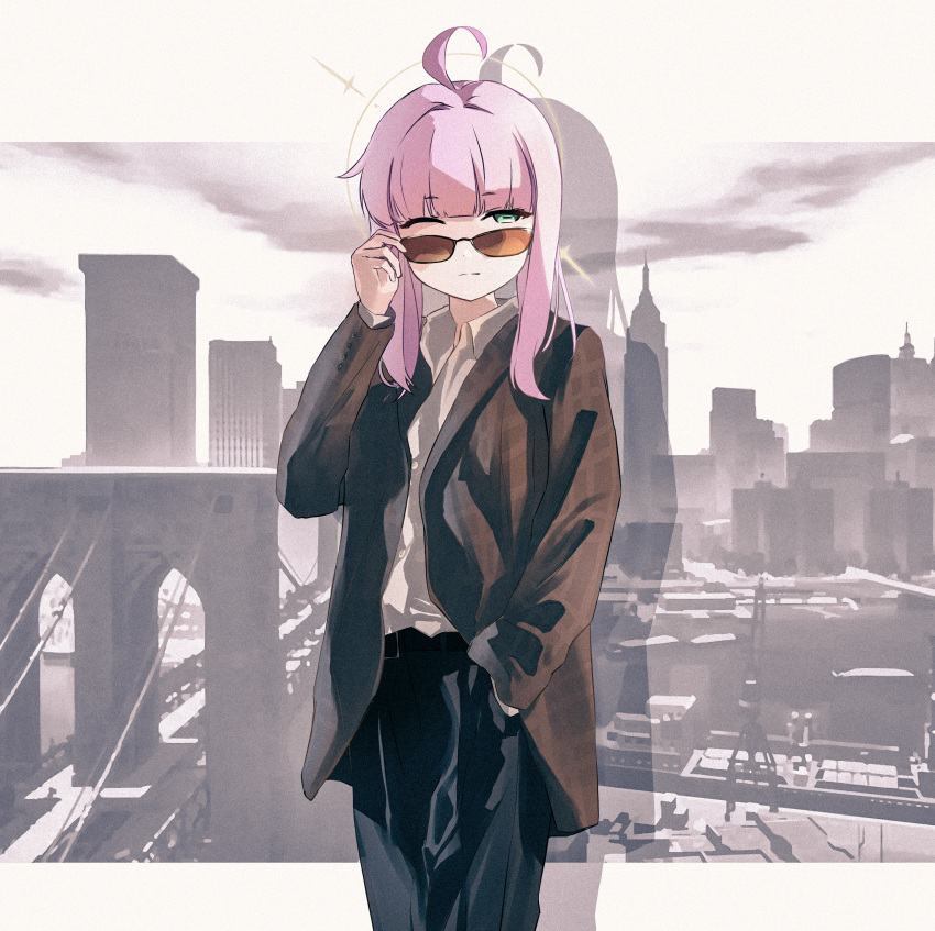 1girl, absurdres, ahoge, black_pants, blue_archive, brown_jacket, cityscape, collared_shirt
