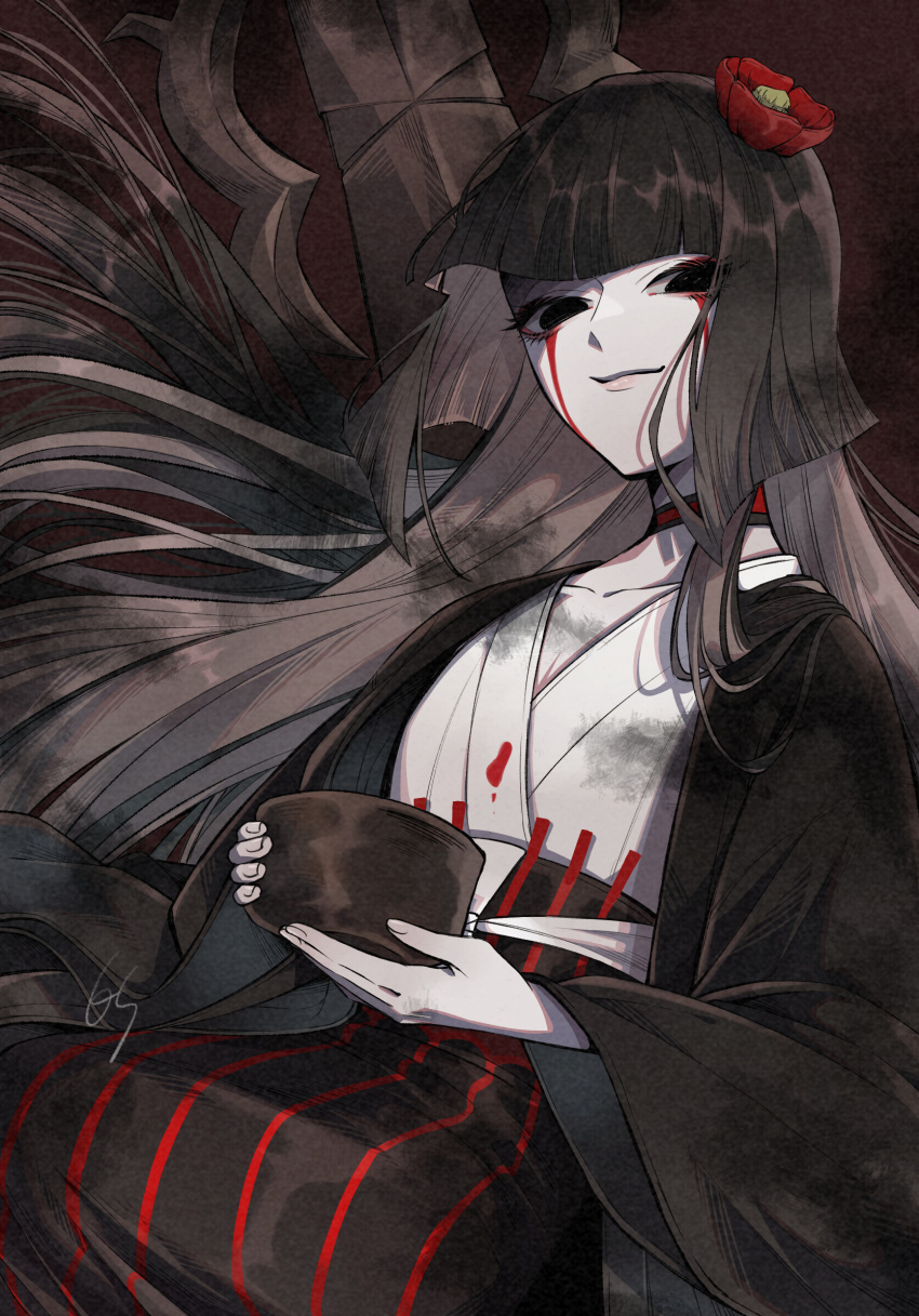 1girl, black_eyes, black_hair, black_kimono, blood, blood_on_face, blunt_bangs, choker