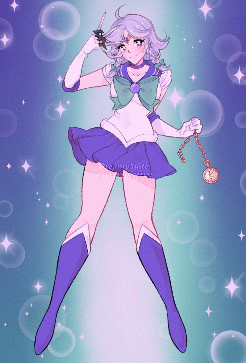 1990s_(style), 1girl, ahoge, bare_legs, between_fingers, bishoujo_senshi_sailor_moon, blue_eyes, blue_footwear, blue_sailor_collar, blue_skirt, blush, boots, bow, bowtie, braid, breasts, circlet, collarbone, cosplay, dreamysuite, elbow_gloves, full_body, gloves, green_bow, green_bowtie, grey_hair, hair_bow, highres, holding, holding_knife, holding_pocket_watch, izayoi_sakuya, knee_boots, knife, knives_between_fingers, leotard, looking_at_viewer, medium_breasts, medium_hair, miniskirt, pleated_skirt, pocket_watch, retro_artstyle, sailor_collar, sailor_mercury, sailor_mercury_(cosplay), sailor_mercury_pose, sailor_senshi_uniform, short_sleeves, skirt, solo, thighs, touhou, twin_braids, watch, white_gloves, white_leotard