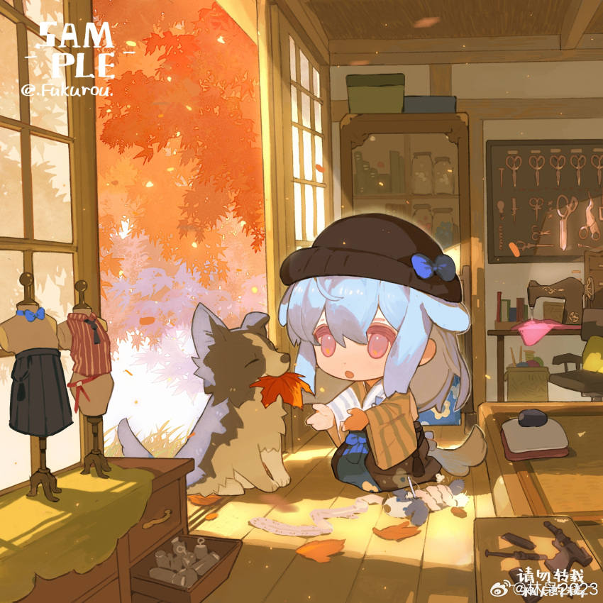 1girl, absurdres, animal_ears, artist_name, autumn, autumn_leaves, beanie, black_hat