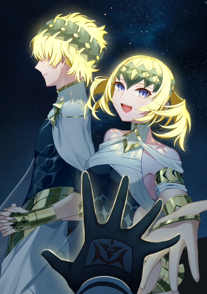1boy, 1girl, armlet, armor, black_gloves, black_shirt, blonde_hair, blue_eyes
