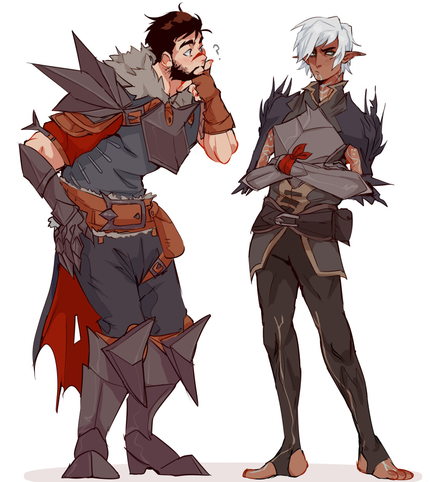2boys, ?, absurdres, armor, beard, black_hair, crossed_arms, dark-skinned_male