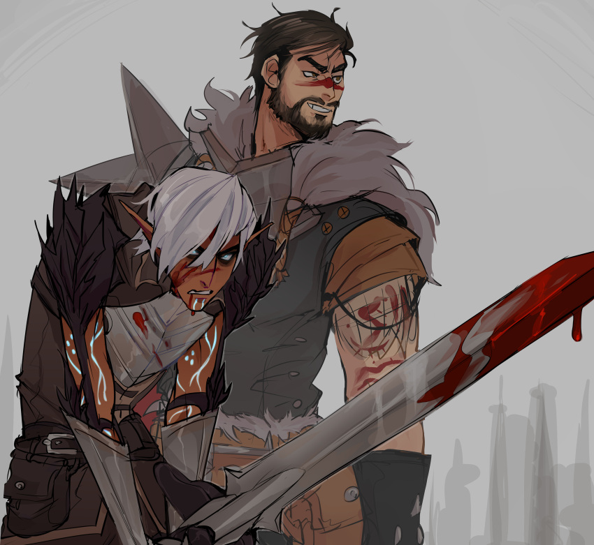 2boys, absurdres, armor, beard, black_hair, blood, blood_on_weapon, cowboy_shot