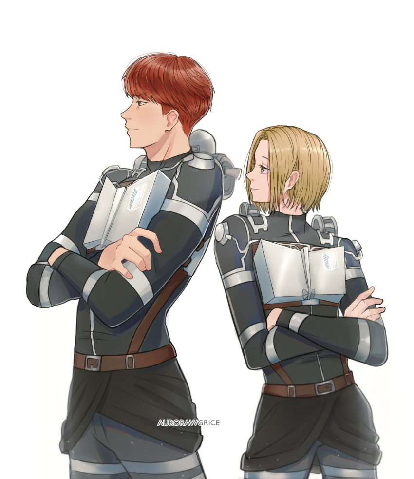 1boy, 1girl, absurdres, aurora_williams, blonde_hair, contrapposto, crossed_arms, floch_forster, from_side, half-erect, highres, long_sleeves, looking_ahead, louise_(shingeki_no_kyojin), orange_hair, profile, shingeki_no_kyojin, simple_background, smile, smug, standing, white_background