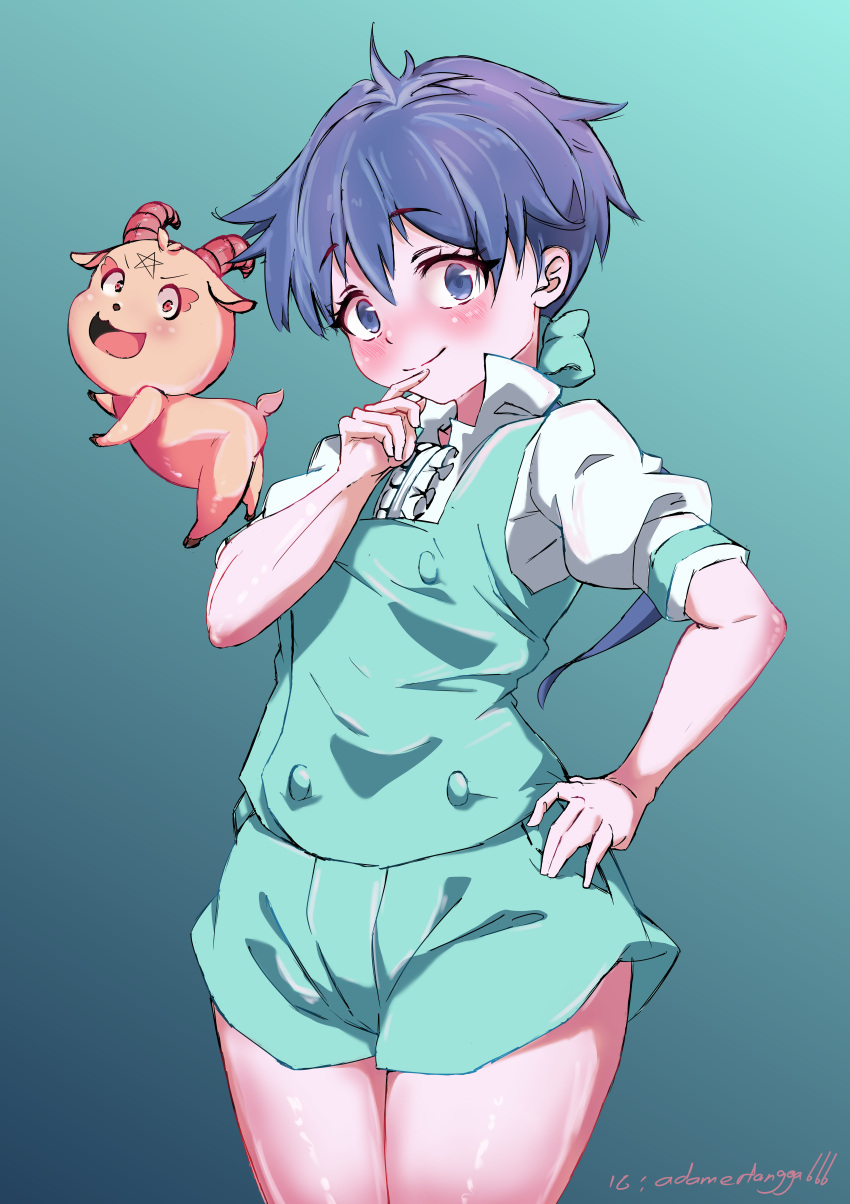 1boy, absurdres, adam_kang, blue_eyes, blue_hair, blush, closed_mouth, green_background, hair_between_eyes, highres, lloyd_de_saloum, looking_at_viewer, male_focus, otoko_no_ko, puffy_short_sleeves, puffy_sleeves, shirt, short_hair, short_sleeves, shorts, simple_background, smile, solo, standing, star_(symbol), tensei_shitara_dai_nana_oji_datta_no_de:_kimama_ni_majutsu_o_kiwamemasu, thighs