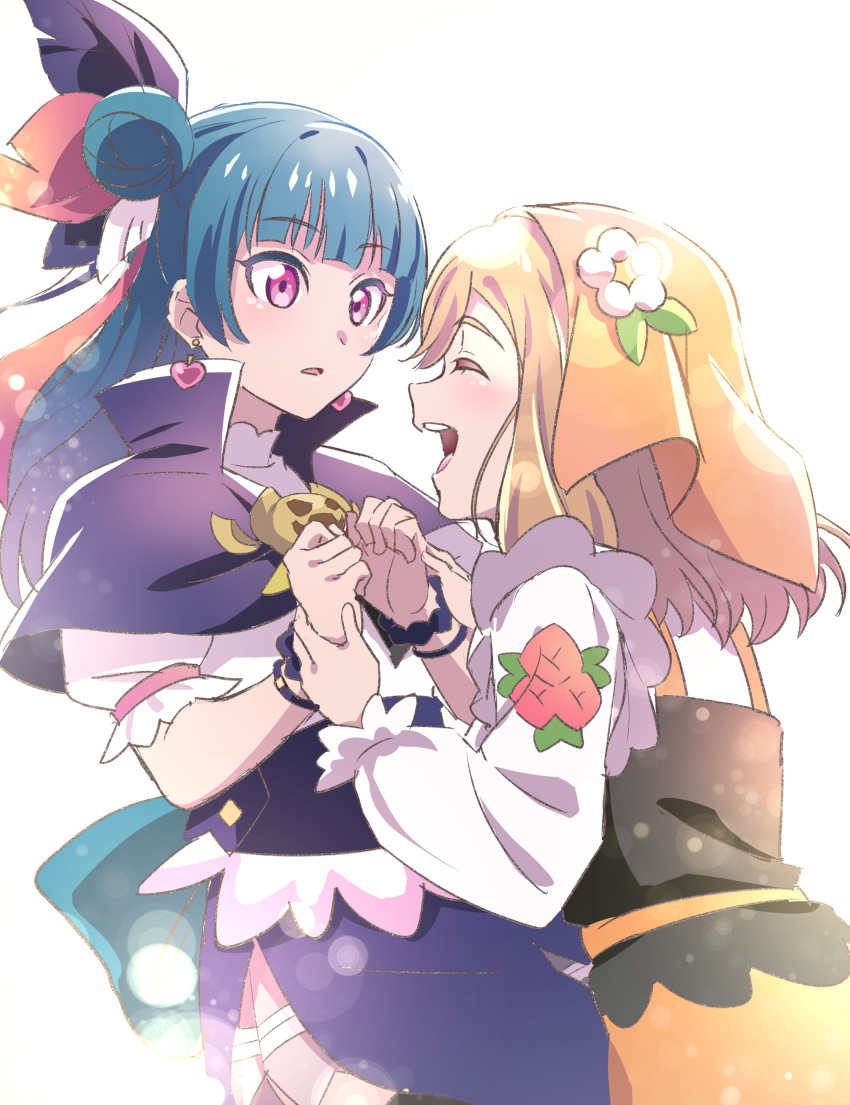 2girls, :d, absurdres, back_bow, black_scrunchie, blue_bow, blue_hair, blunt_bangs