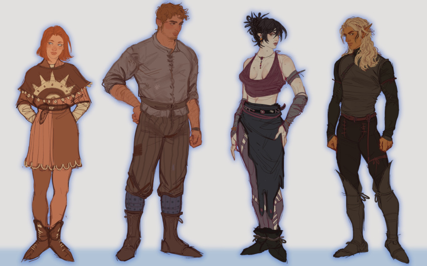 2boys, 2girls, alistair_(dragon_age), arm_hair, beard, black_hair, blonde_hair, blue_eyes, brambeag, dark-skinned_male, dark_skin, dragon_age, earrings, elf, eyeshadow, facial_hair, facial_tattoo, freckles, full_body, grey_background, hand_on_own_hip, highres, jewelry, leliana_(dragon_age), looking_at_viewer, looking_to_the_side, makeup, medium_hair, messy_hair, mole, mole_above_mouth, mole_on_body, morrigan_(dragon_age), multiple_boys, multiple_girls, mustache, necklace, pale_skin, pointy_ears, purple_eyeshadow, purple_lips, purple_tank_top, redhead, sideburns, simple_background, smile, tank_top, tattoo, thick_eyebrows, zevran_(dragon_age)