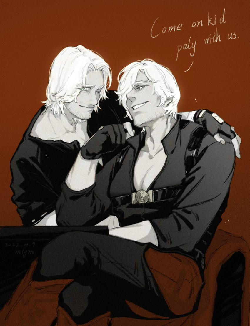 aged_down, aged_up, bishounen, black_gloves, chair, closed_mouth, collared_shirt, crossed_legs, dante_(devil_may_cry), devil_may_cry_(series), devil_may_cry_4, devil_may_cry_5, english_text, facial_hair, fingerless_gloves, full_body, gdav37l7uvoaq5n, gloves, hair_over_one_eye, highres, large_pectorals, legs, long_hair, looking_at_viewer, male_focus, mature_male, multiple_boys, one_eye_closed, open_clothes, pants, pectorals, shirt, simple_background, sitting, smile, toned, white_hair