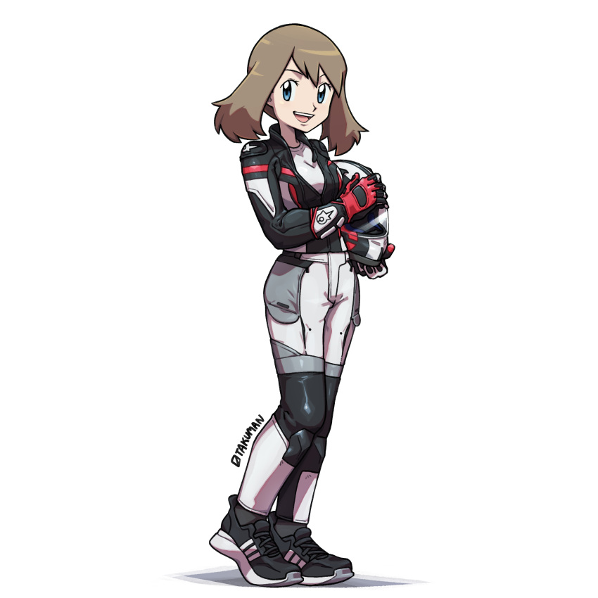 1girl, :d, absurdres, alternate_costume, artist_name, black_footwear, blue_eyes, brown_hair, commentary, commission, eyelashes, full_body, gloves, helmet, highres, holding, holding_helmet, knee_pads, may_(pokemon), medium_hair, open_mouth, otakuman, pants, pokemon, pokemon_rse, shoes, smile, solo, standing, teeth, upper_teeth_only, white_background