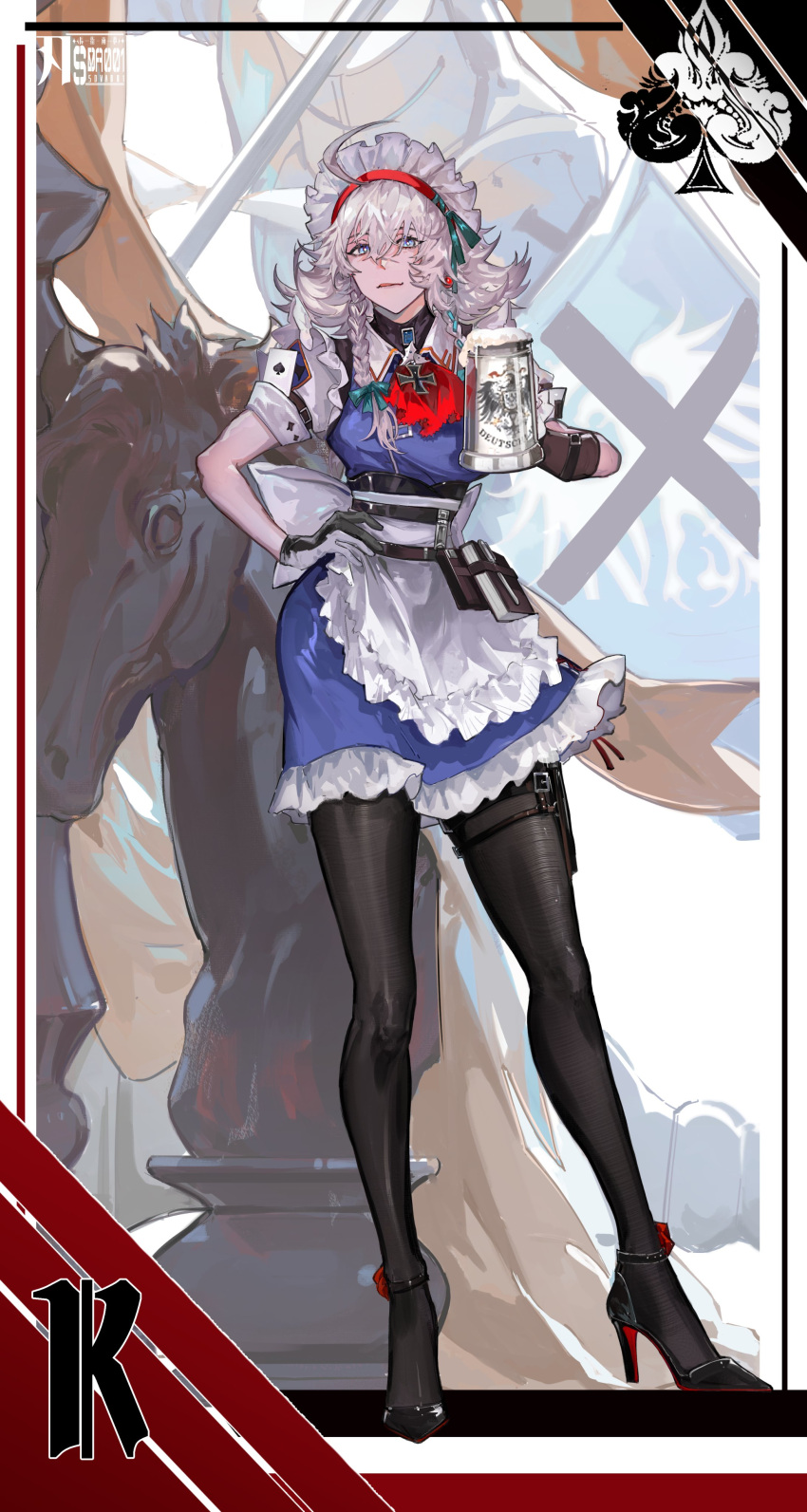1girl, absurdres, ace_(playing_card), ace_of_spades, alcohol, apron, beer, beer_stein