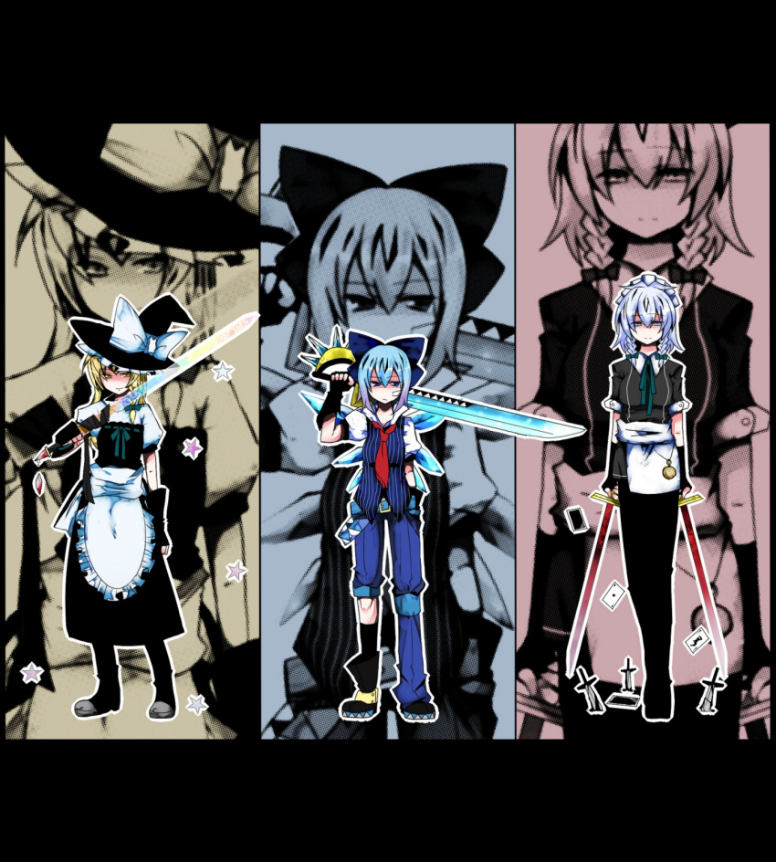 alternate_costume, bad_id, cirno, fingerless_gloves, gloves, highres, izayoi_sakuya, kirisame_marisa, knife, kona_sleipnir, multiple_girls, sword, touhou, weapon