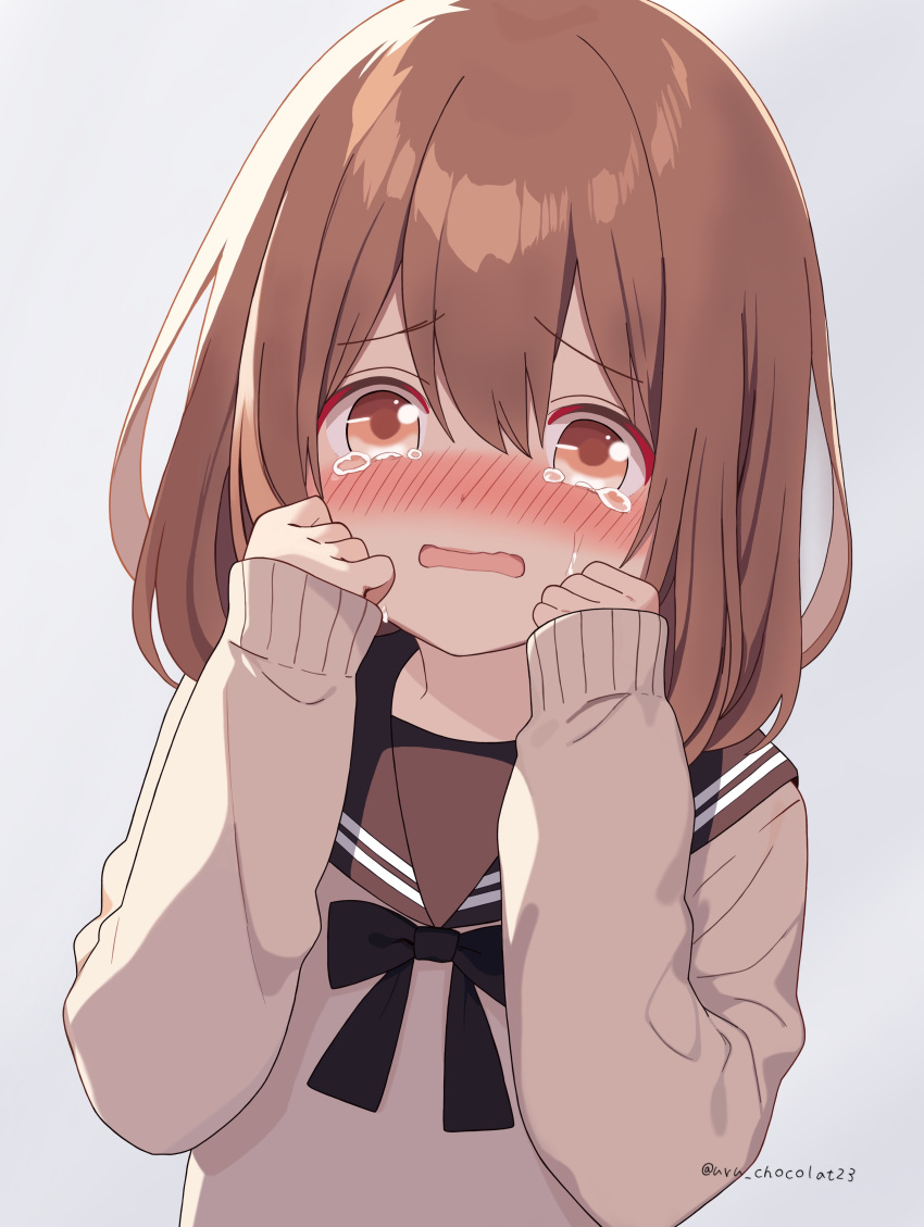 1girl, absurdres, black_bow, blush, bow, brown_eyes, brown_hair, hair_between_eyes
