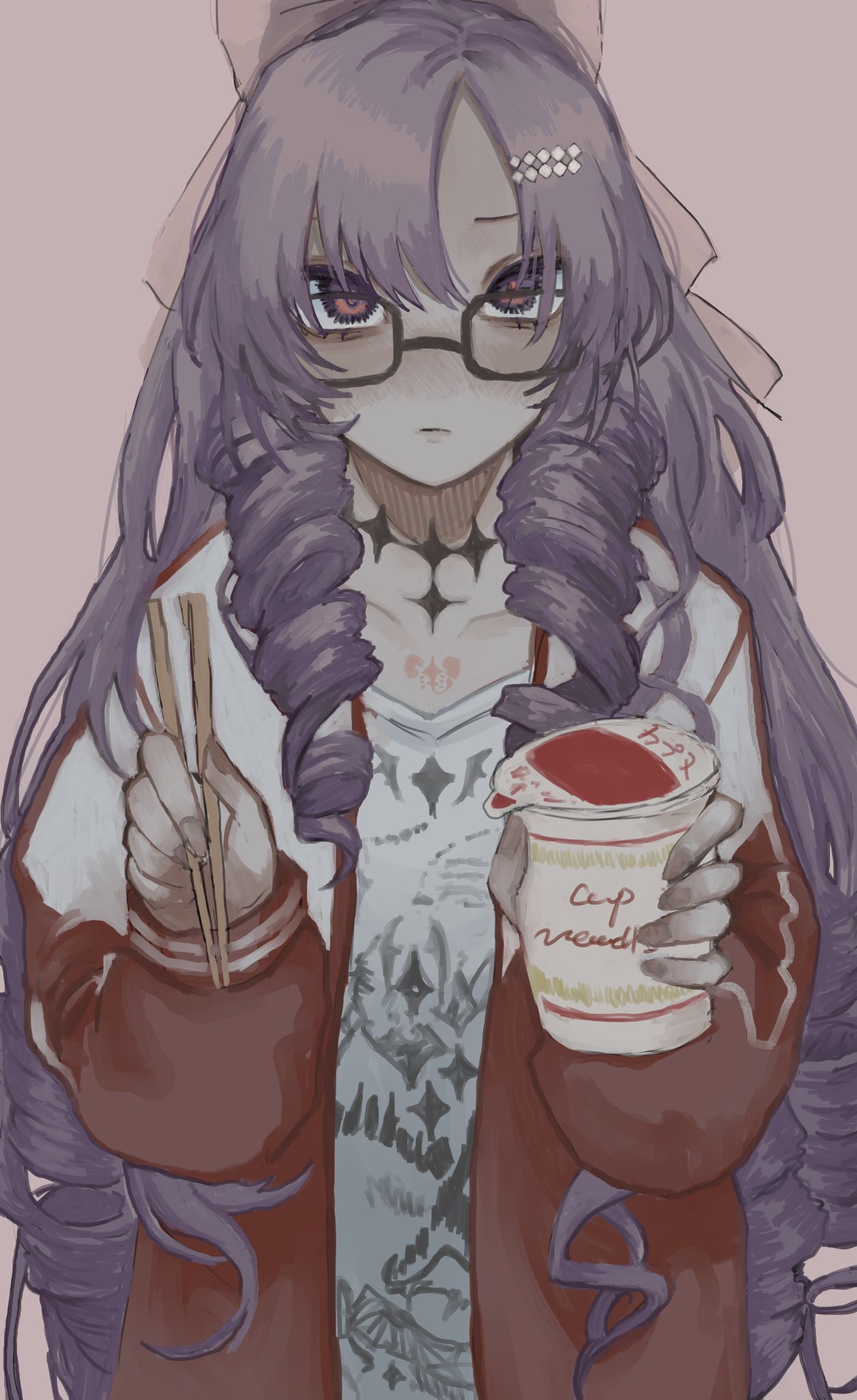 1girl, chopsticks, cup, drill_hair, glasses, highres, holding, holding_chopsticks
