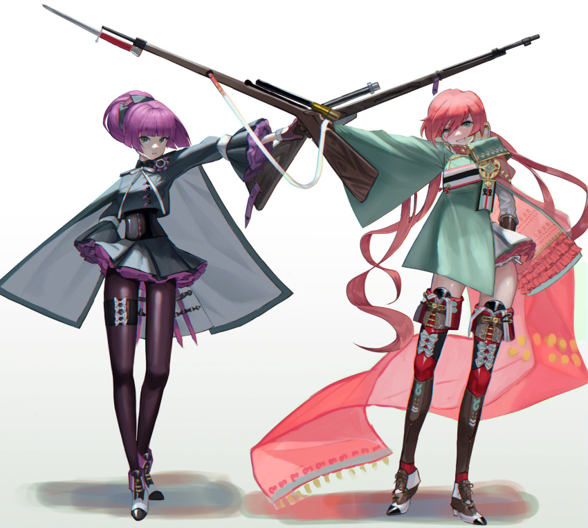 2girls, aoi_wakashi_chiyo, blunt_bangs, blush, cape, carcano_m1891_(girls'_frontline), carcano_m91/38, carcano_m91/38_(girls'_frontline)