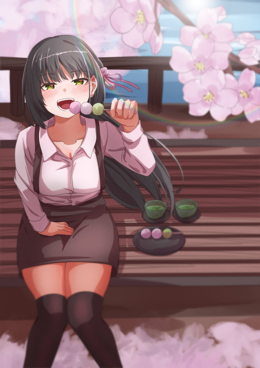 1girl, :d, absurdres, bench, black_hair, black_thighhighs, blurry, blush