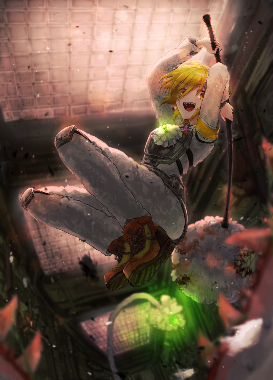 1girl, arms_up, blonde_hair, boots, brown_footwear, don_quixote_(project_moon), e.g.o_(project_moon), hammer
