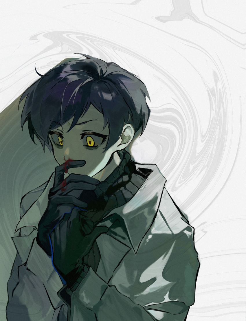 1boy, abstract_background, black_gloves, black_sweater, blood, coat, gabriel_(project_moon), gloves