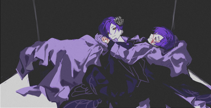 2boys, black_coat, black_pants, closed_eyes, closed_mouth, coat, dual_persona, e.g.o_(project_moon)