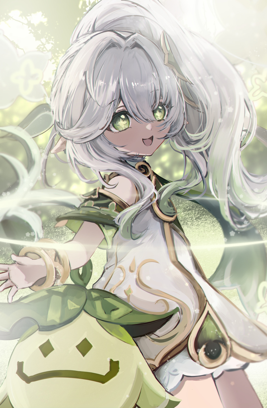 1girl, :d, absurdres, bloomers, bright_pupils, bush, cape, child