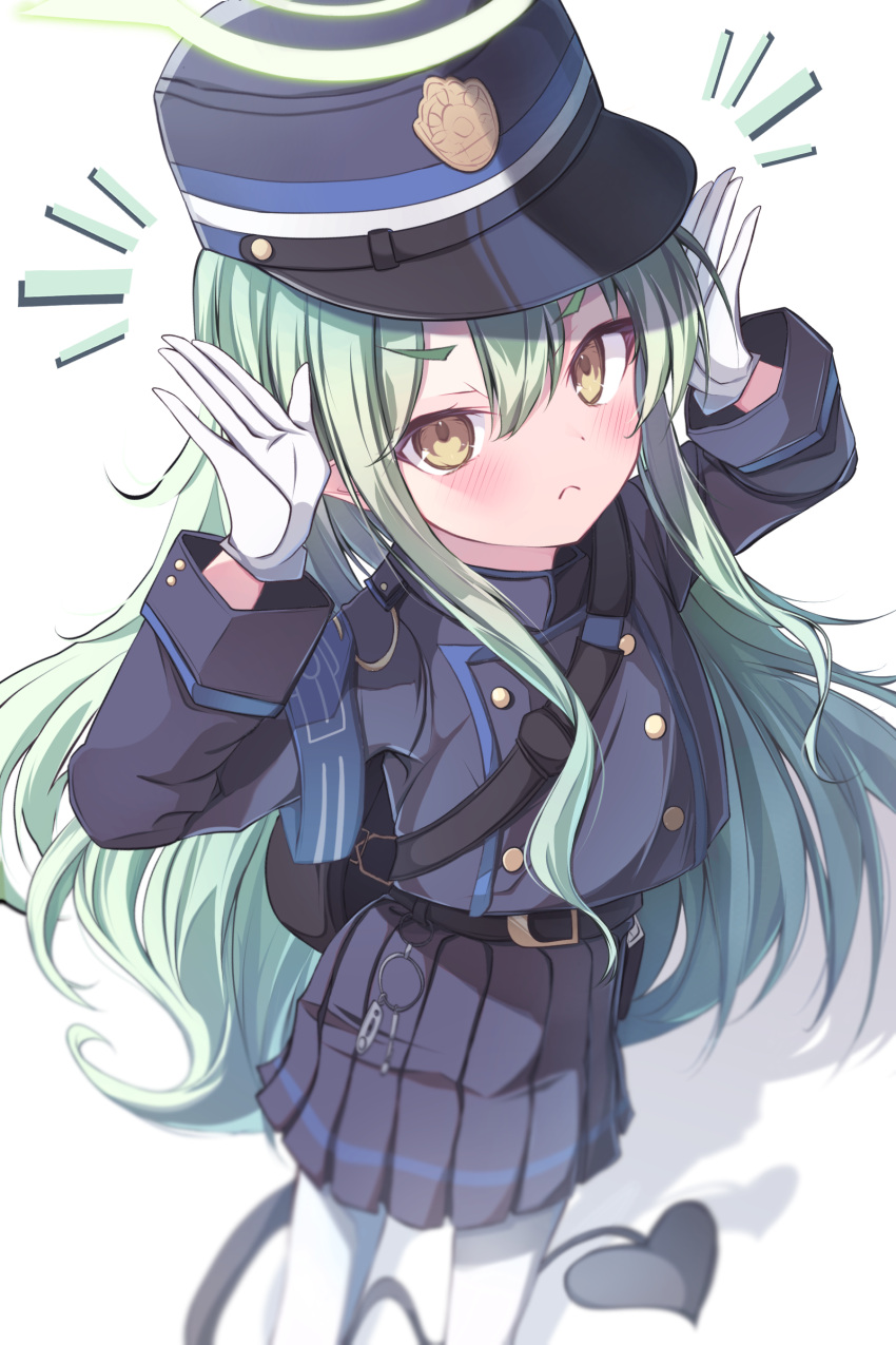 1girl, absurdres, black_hat, black_jacket, black_skirt, blue_archive, blush, demon_girl