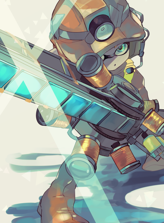 1girl, :o, blue_eyes, boots, duct_tape, grizzco_splatana_(splatoon), headset, high-visibility_vest