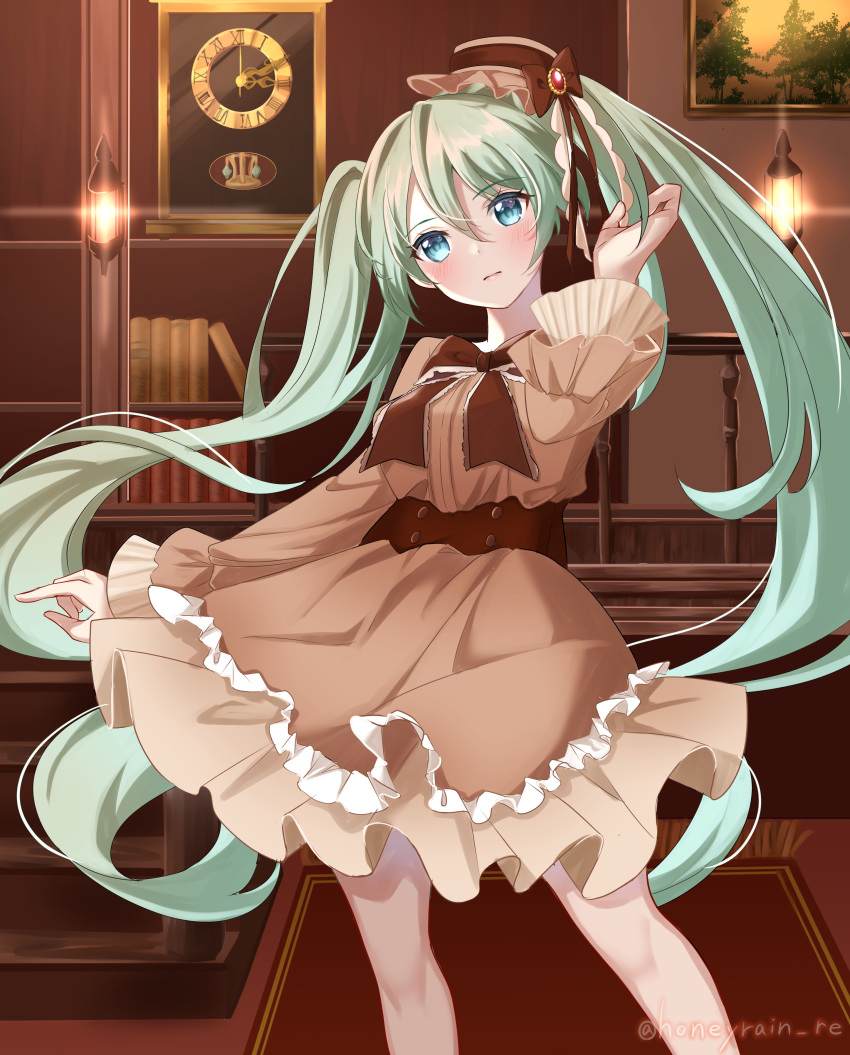 1girl, absurdres, analog_clock, aqua_hair, artist_name, blue_eyes, blush, bookshelf