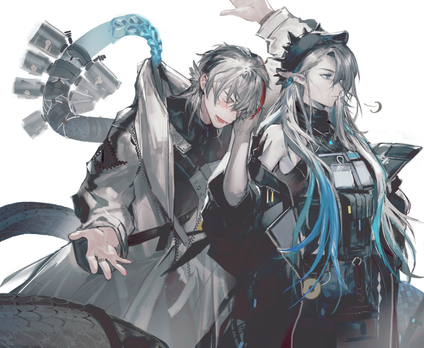 1boy, 1girl, aqua_hair, arknights, elysium_(arknights), grey_hair, highres, long_hair