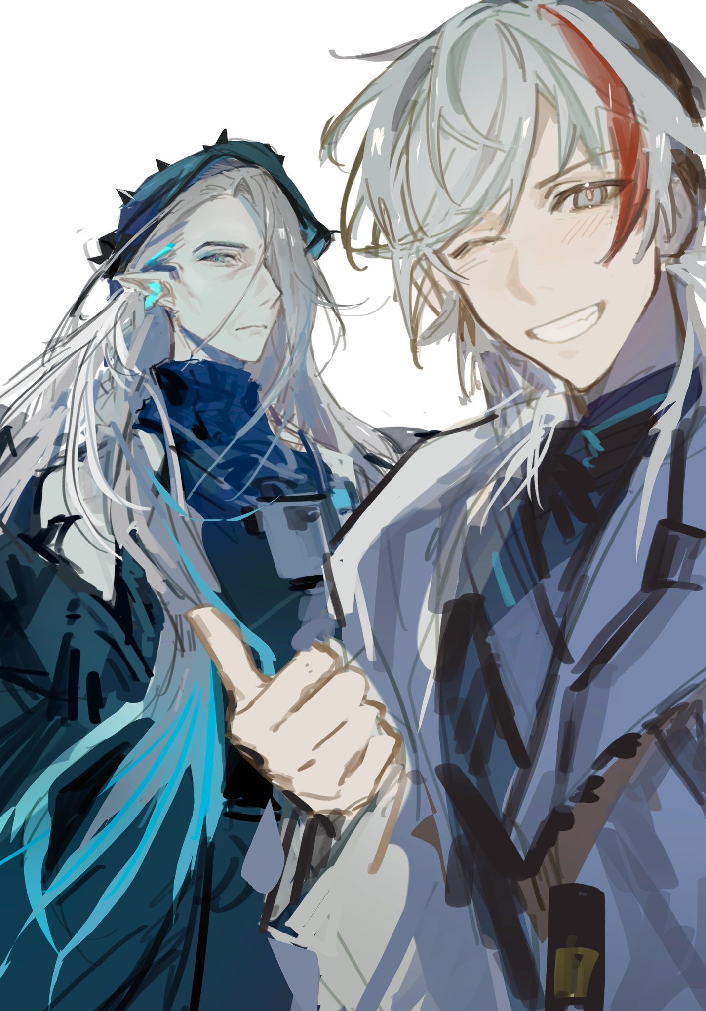 1boy, 1girl, aqua_hair, arknights, elysium_(arknights), grey_hair, highres, long_hair