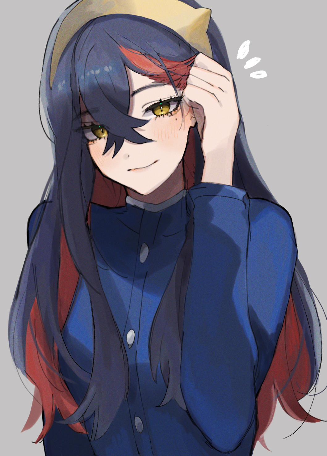1girl, black_hair, carmine_(pokemon), colored_inner_hair, crossed_bangs, eyelashes, hair_between_eyes, hairband
