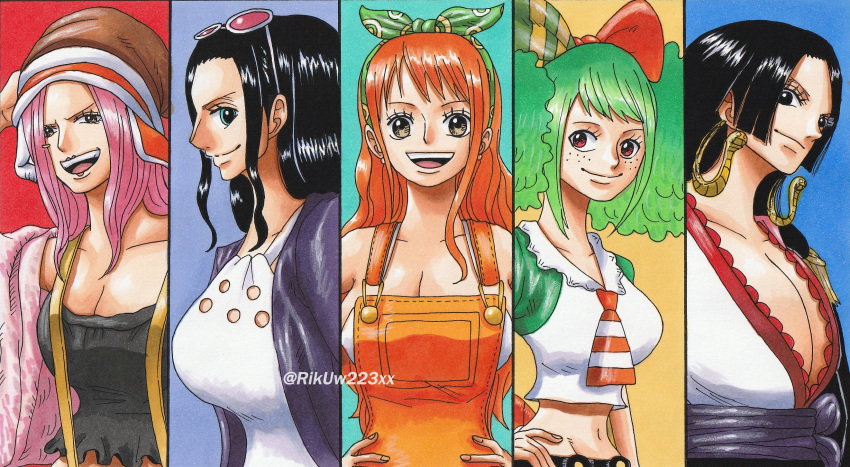 5girls, ann_(one_piece), anti-eyebrow_piercing, black_hair, black_kimono, black_shirt, blue_background, blunt_bangs