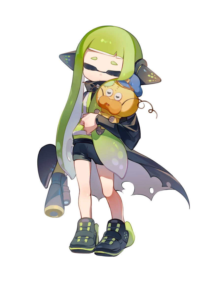 1girl, agent_3_(splatoon), black_cape, black_footwear, black_shirt, black_shorts, blunt_bangs, cape