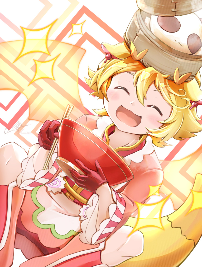 1boy, :d, :o, animal_ears, artist_name, blonde_hair, chopsticks, clear_glass_(mildmild1311)