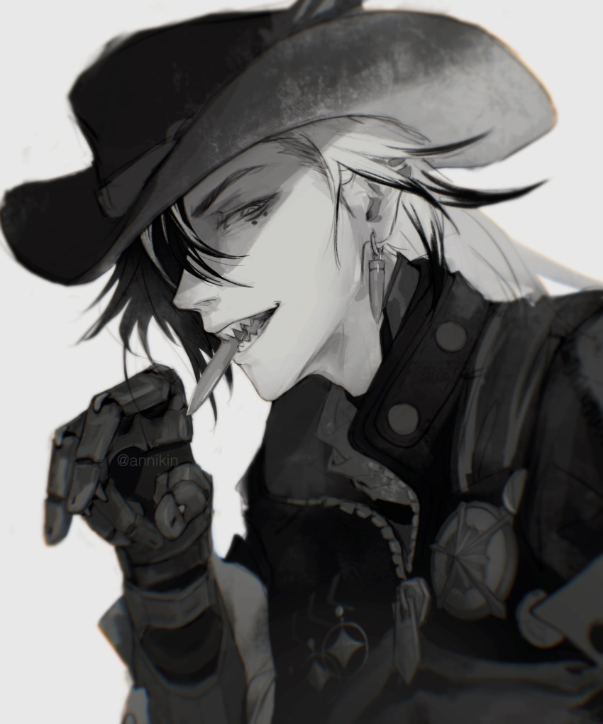 1boy, annikin, boothill_(honkai:_star_rail), bullet, bullet_in_mouth, ear_piercing, earrings, greyscale