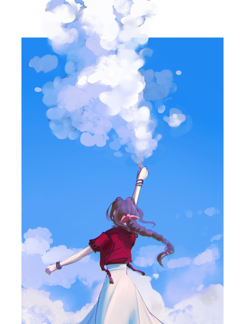 1girl, aerith_gainsborough, arm_up, blue_sky, border, bow, braid, brown_hair
