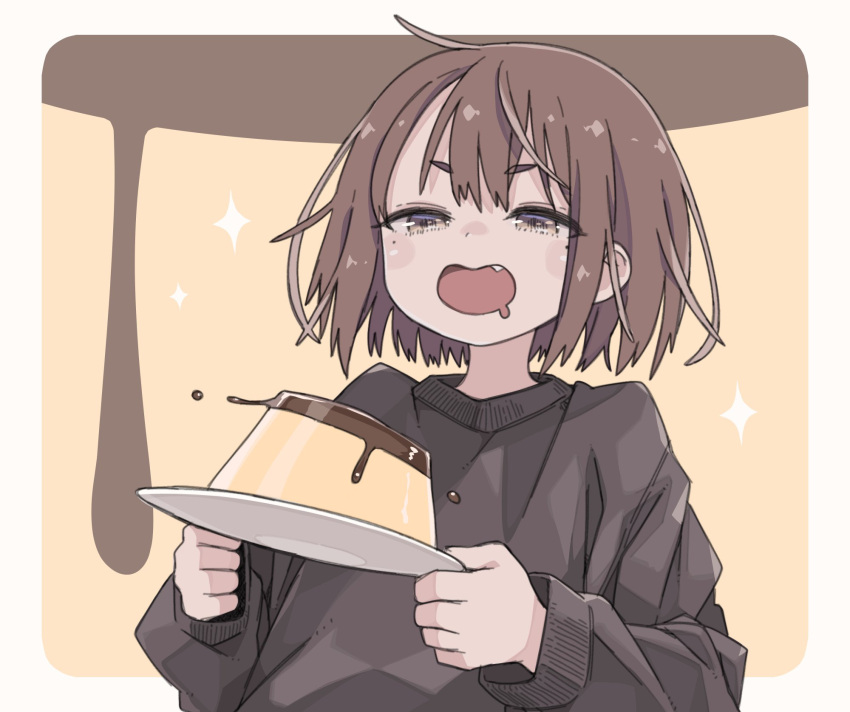 1girl, brown_eyes, brown_hair, drooling, fang, food, highres, holding