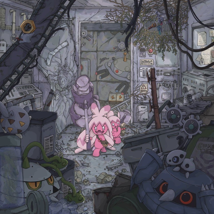 :d, aron, bag, blue_eyes, brown_bag, claws, colored_skin, commentary_request, door, ferrothorn, floating, hammer, highres, holding, holding_hammer, indoors, klang, klefki, machine, magnemite, magnezone, meltan, metang, no_humans, open_mouth, overgrown, pink_skin, pokemon, pokemon_(creature), red_eyes, rock, rust, shoulder_bag, smile, tinkaton, tinkatuff, togedemaru, tora_(tsmc5353), walking, yellow_eyes