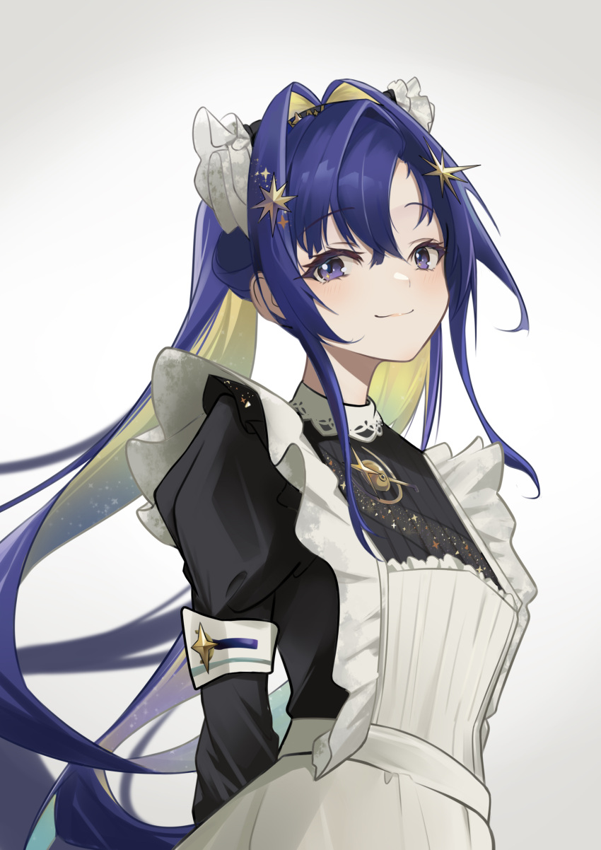 1girl, absurdres, arms_behind_back, blue_hair, blush, colored_inner_hair, hair_between_eyes, hair_intakes, hair_ornament, highres, light_smile, long_hair, looking_at_viewer, maid, multicolored_hair, nero_(user_frsz7384), reverse:1999, school_uniform, solo, soviet_school_uniform, star_(symbol), star_hair_ornament, very_long_hair, violet_eyes, voyager_(reverse:1999)