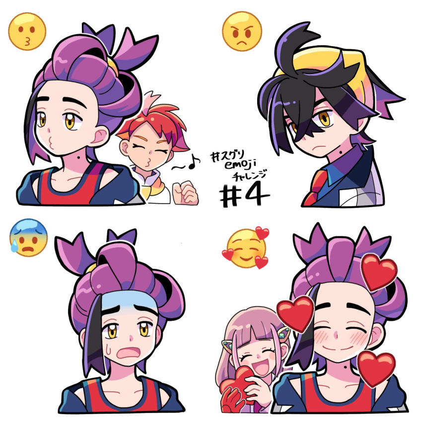 1girl, 2boys, :d, ^_^, arched_bangs, black_hair, closed_eyes, collarbone