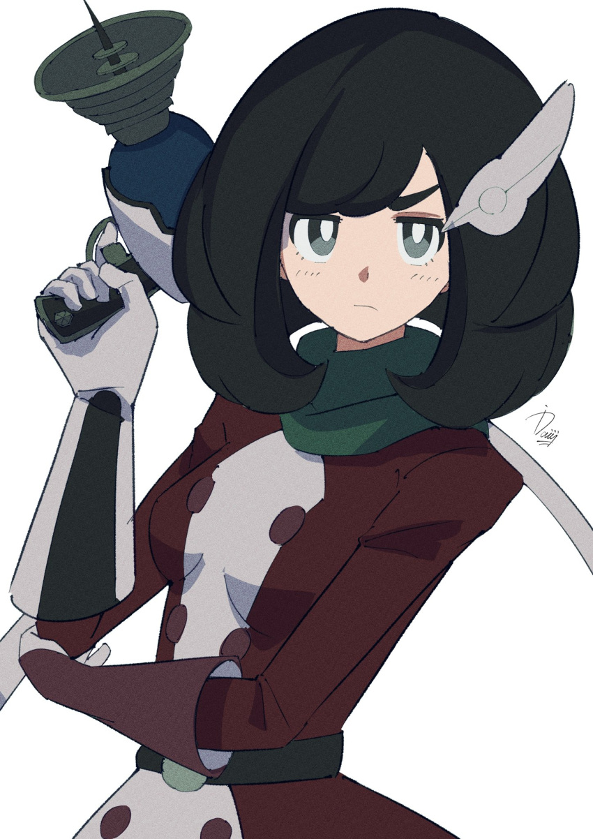 1girl, black_hair, commentary, dress, gloves, green_scarf, grey_eyes, highres