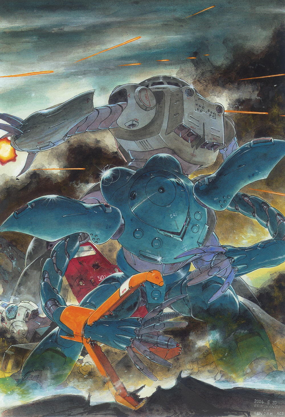 1980s_(style), 2004, battle, claws, clouds, dark_clouds, dated, destruction